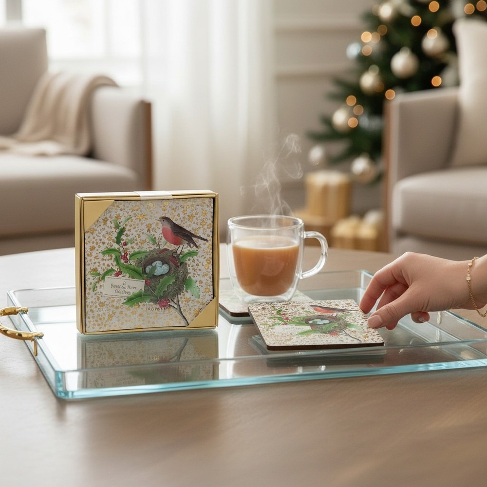 Fringe Glass Tray 6in Gold Robin Christmas NWT Holly Bird Nest